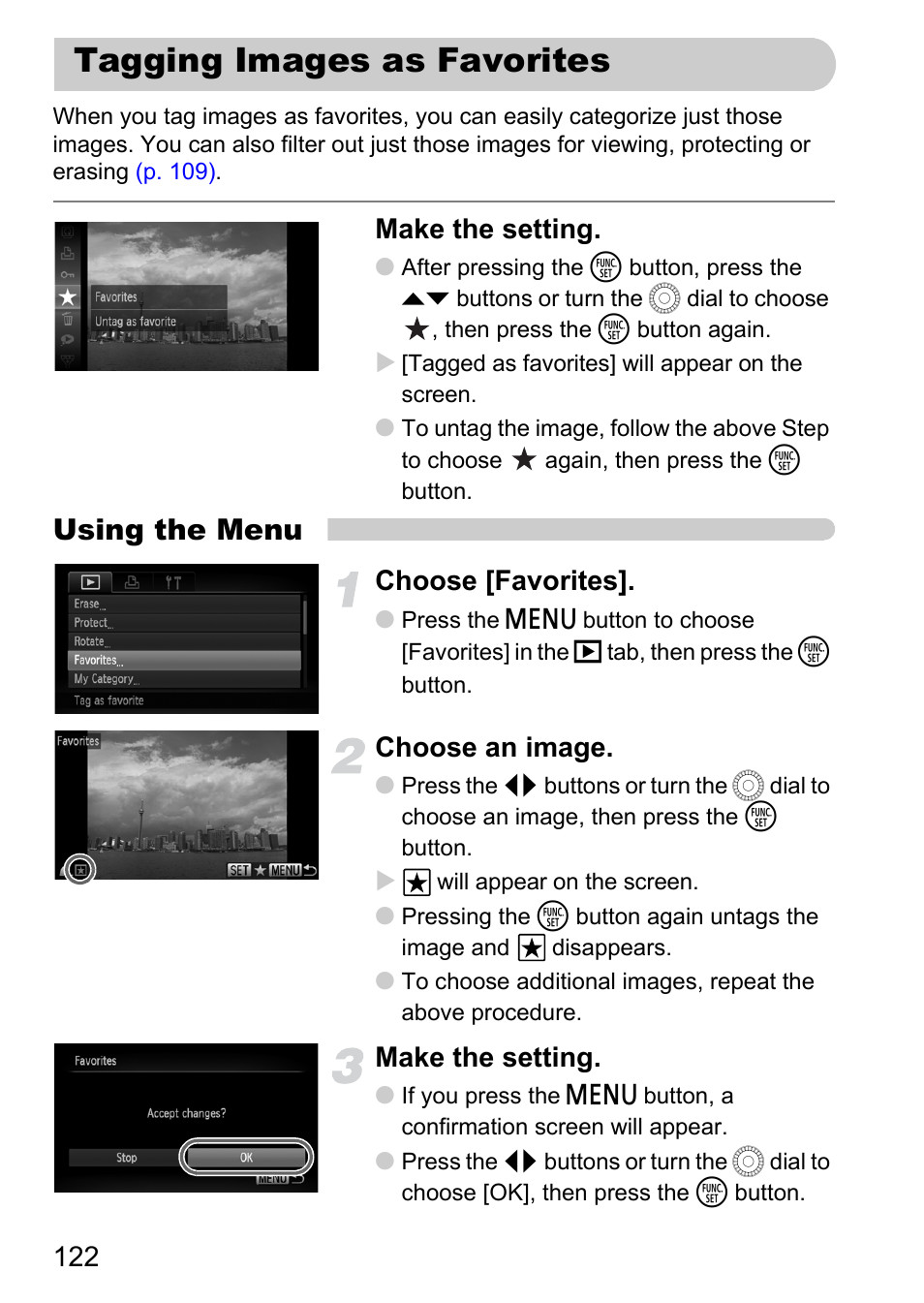 Tagging images as favorites, P. 122), Using the menu | Make the setting, Choose [favorites, Choose an image | Canon IXUS 1000 HS User Manual | Page 122 / 178