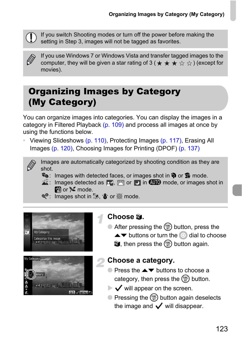 Organizing images by category (my category), P. 123), Choose | Choose a category | Canon IXUS 1000 HS User Manual | Page 123 / 178