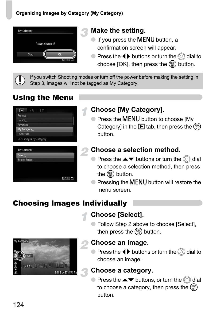 Using the menu, Choosing images individually, 124 make the setting | Choose [my category, Choose a selection method, Choose [select, Choose an image, Choose a category | Canon IXUS 1000 HS User Manual | Page 124 / 178