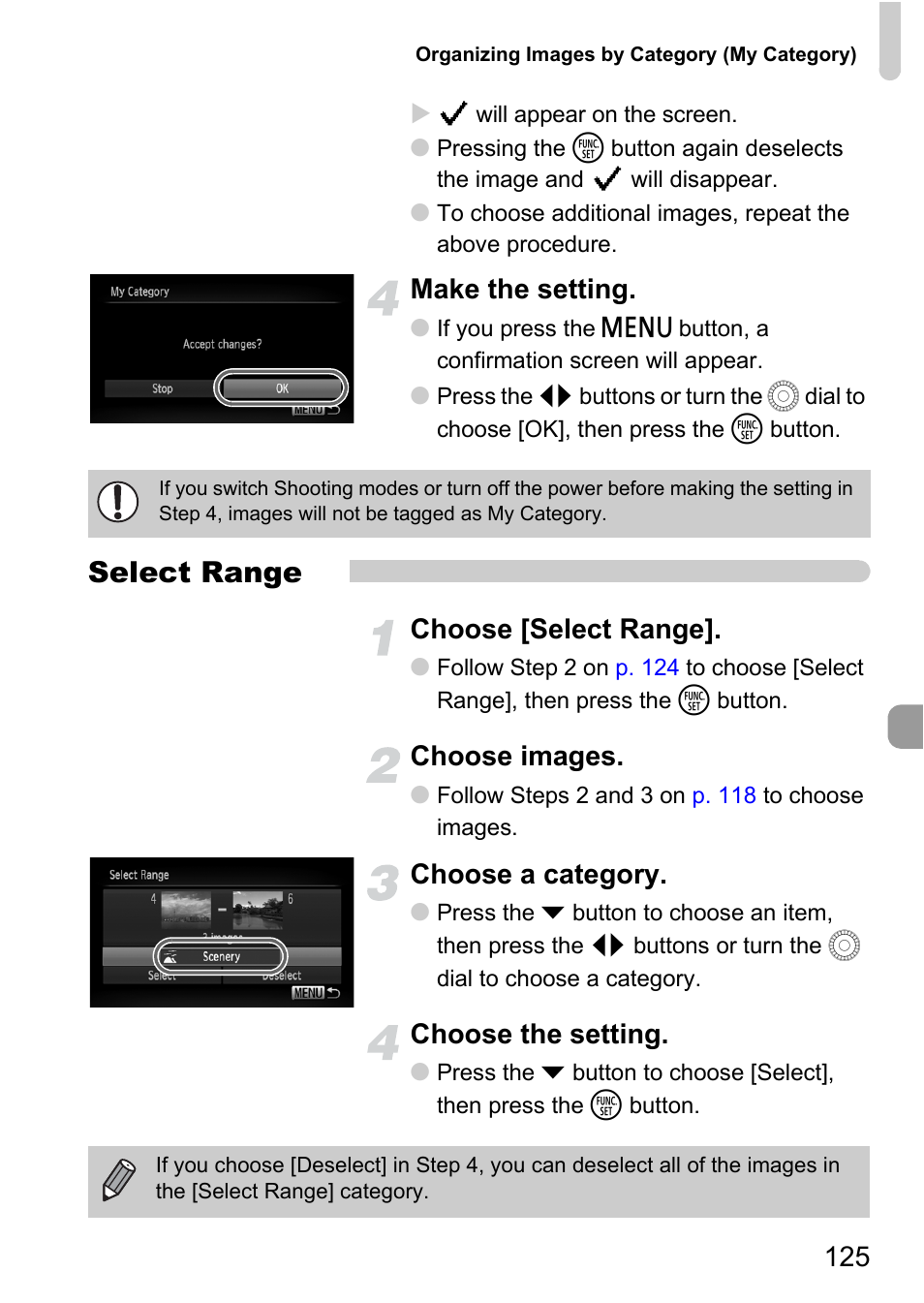 Select range, Make the setting, Choose [select range | Choose images, Choose a category, Choose the setting | Canon IXUS 1000 HS User Manual | Page 125 / 178