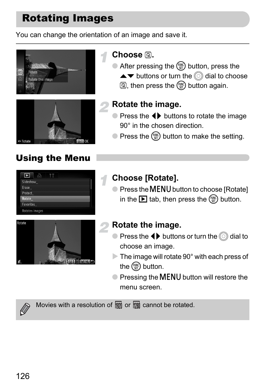 Rotating images, P. 126), Using the menu | Choose, Rotate the image, Choose [rotate | Canon IXUS 1000 HS User Manual | Page 126 / 178