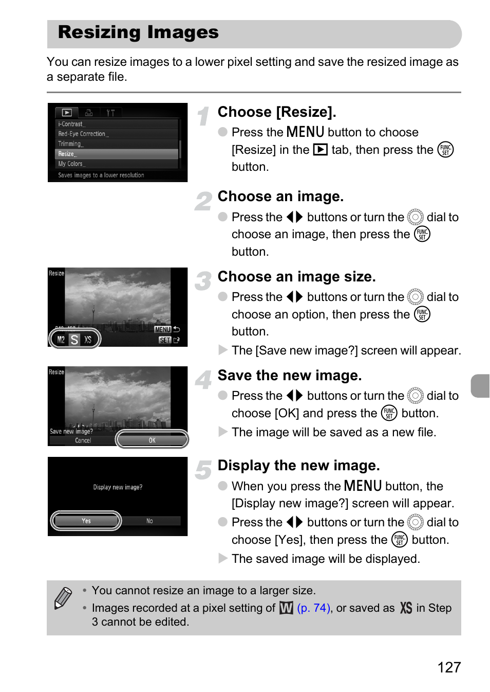 Resizing images, Mage, P. 127) | Choose [resize, Choose an image, Choose an image size, Save the new image, Display the new image | Canon IXUS 1000 HS User Manual | Page 127 / 178