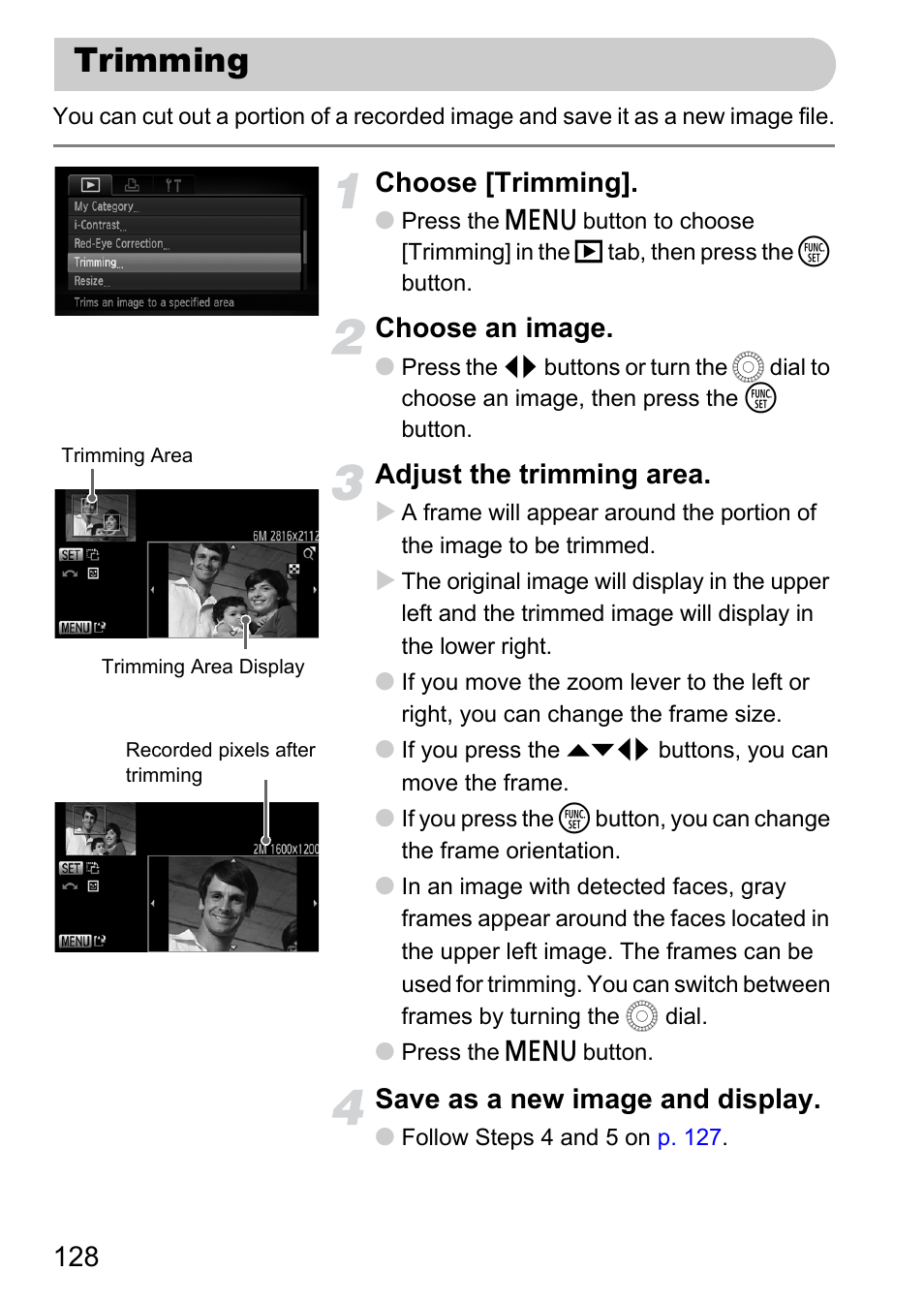 Trimming, Choose [trimming, Choose an image | Adjust the trimming area, Save as a new image and display | Canon IXUS 1000 HS User Manual | Page 128 / 178