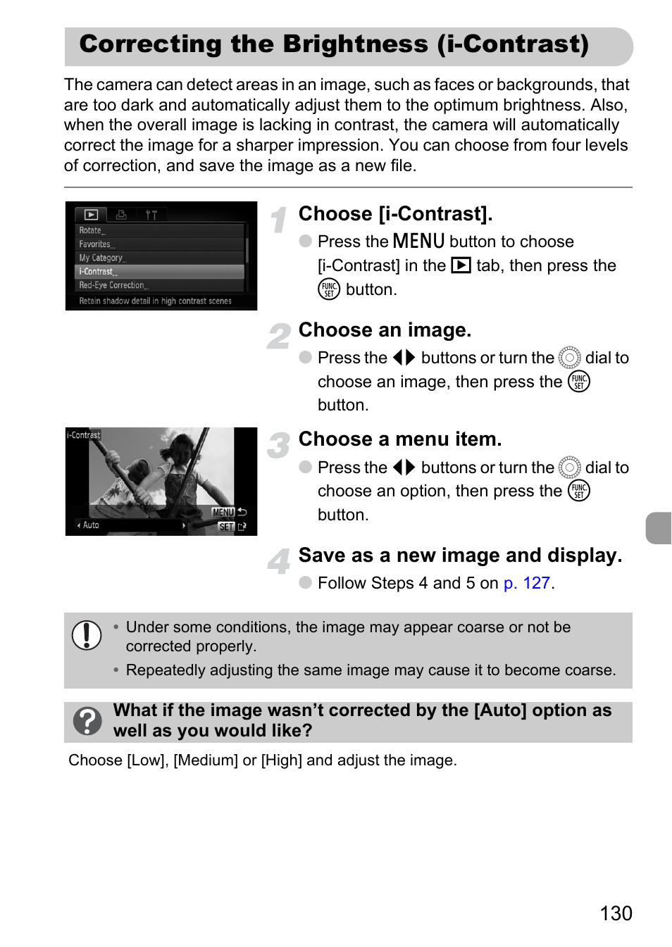 Correcting the brightness (i-contrast), Choose [i-contrast, Choose an image | Choose a menu item, Save as a new image and display | Canon IXUS 1000 HS User Manual | Page 130 / 178