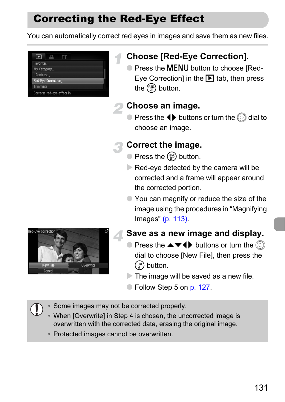 Correcting the red-eye effect, Choose [red-eye correction, Choose an image | Correct the image, Save as a new image and display | Canon IXUS 1000 HS User Manual | Page 131 / 178