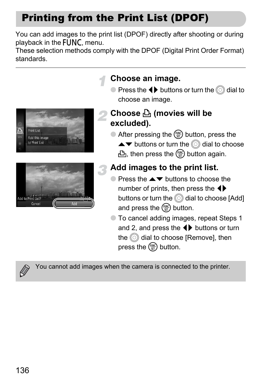 Printing from the print list (dpof), Choose an image, Choose c (movies will be excluded) | Add images to the print list | Canon IXUS 1000 HS User Manual | Page 136 / 178