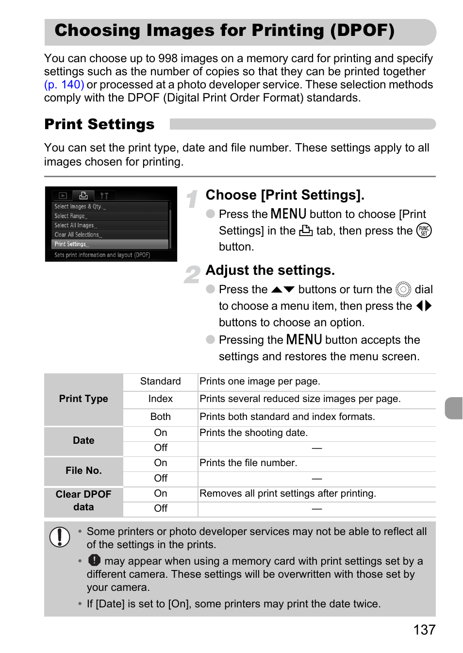 Choosing images for printing (dpof), P. 137), Pof) | Print settings, Choose [print settings, Adjust the settings | Canon IXUS 1000 HS User Manual | Page 137 / 178