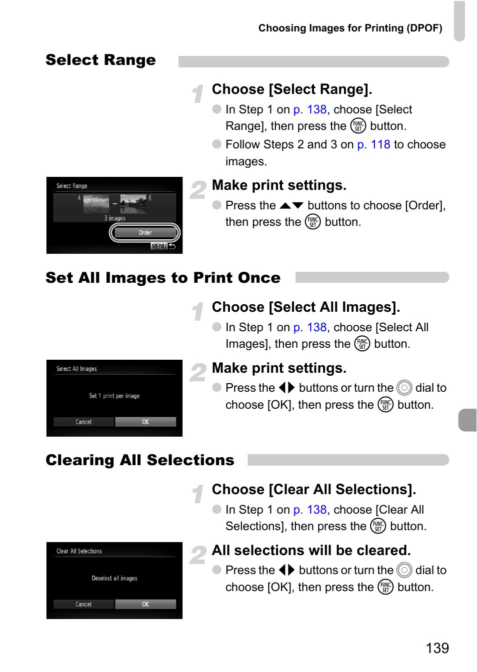 Select range, Set all images to print once, Clearing all selections | Choose [select range, Make print settings, Choose [select all images, Choose [clear all selections, All selections will be cleared | Canon IXUS 1000 HS User Manual | Page 139 / 178