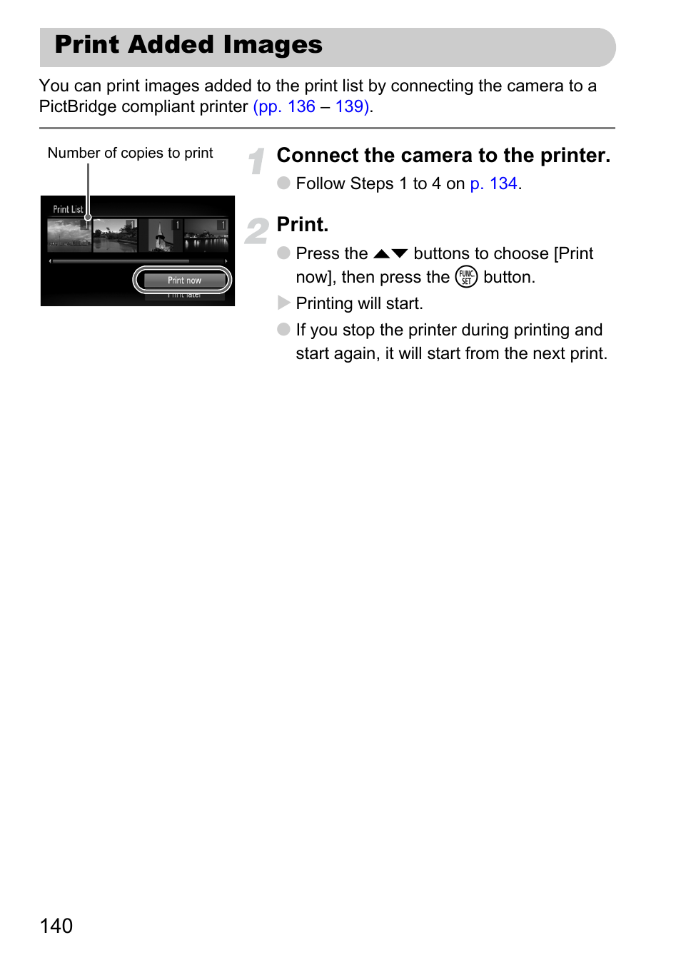 Print added images, Connect the camera to the printer, Print | Canon IXUS 1000 HS User Manual | Page 140 / 178