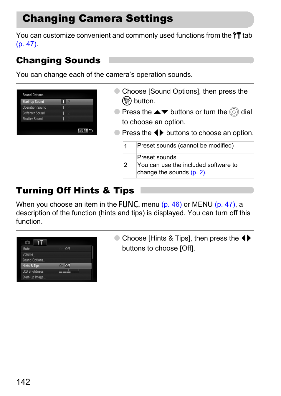 Changing camera settings, Changing sounds, Turning off hints & tips | Canon IXUS 1000 HS User Manual | Page 142 / 178