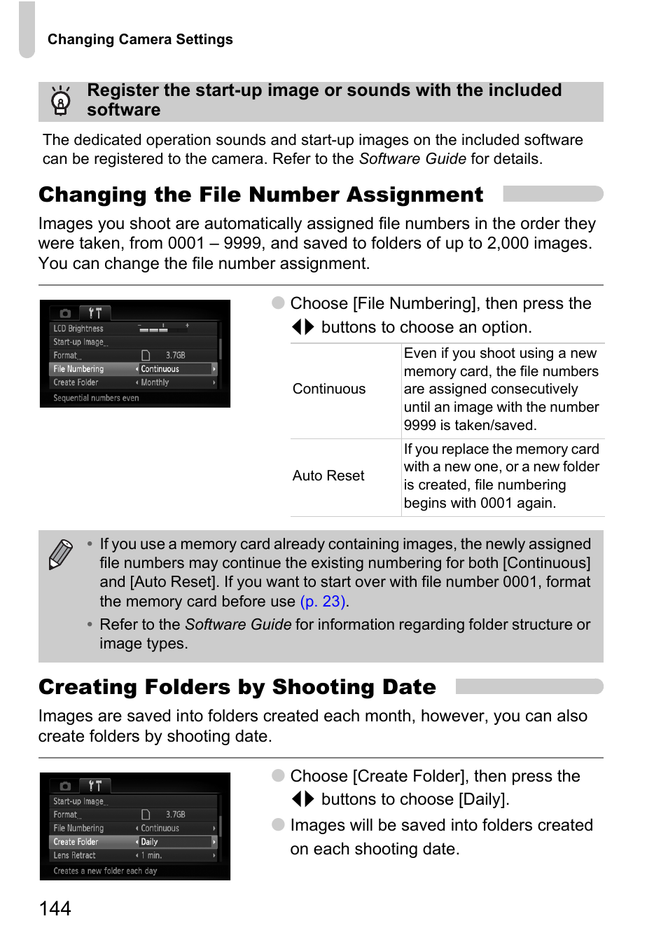 Changing the file number assignment, Creating folders by shooting date | Canon IXUS 1000 HS User Manual | Page 144 / 178