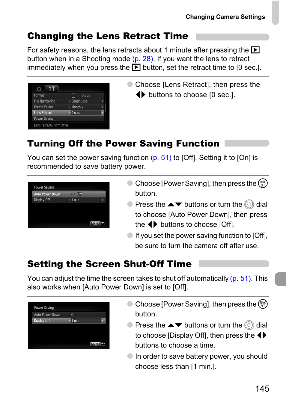 P. 145), Changing the lens retract time, Turning off the power saving function | Setting the screen shut-off time | Canon IXUS 1000 HS User Manual | Page 145 / 178