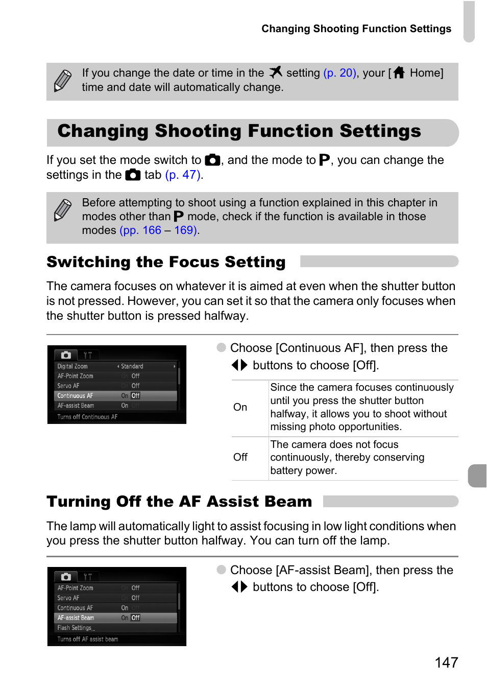 Changing shooting function settings, P. 147), Switching the focus setting | Turning off the af assist beam | Canon IXUS 1000 HS User Manual | Page 147 / 178