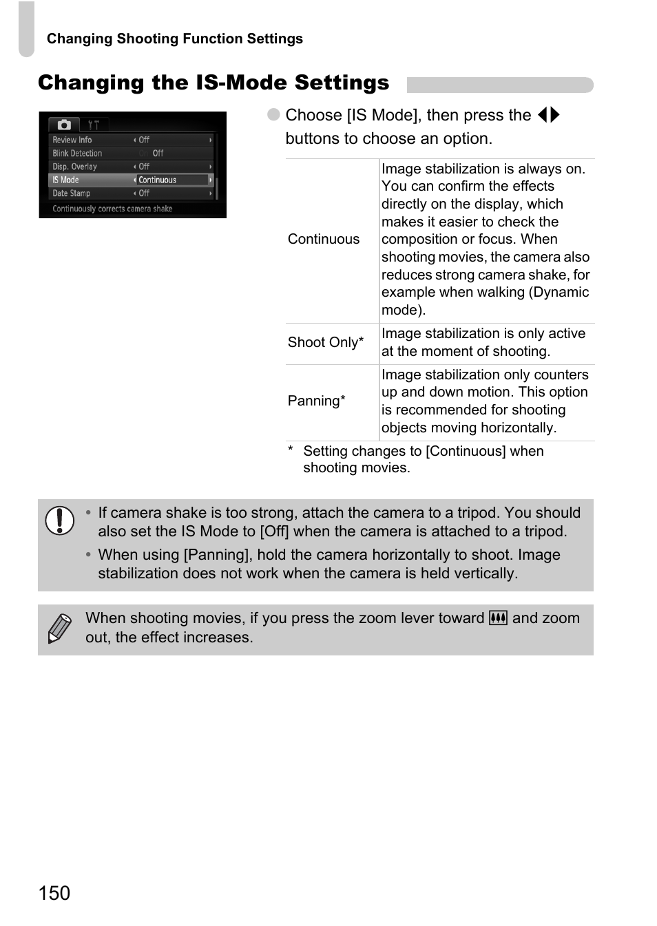 Ipod, P. 150), Changing the is-mode settings | Canon IXUS 1000 HS User Manual | Page 150 / 178