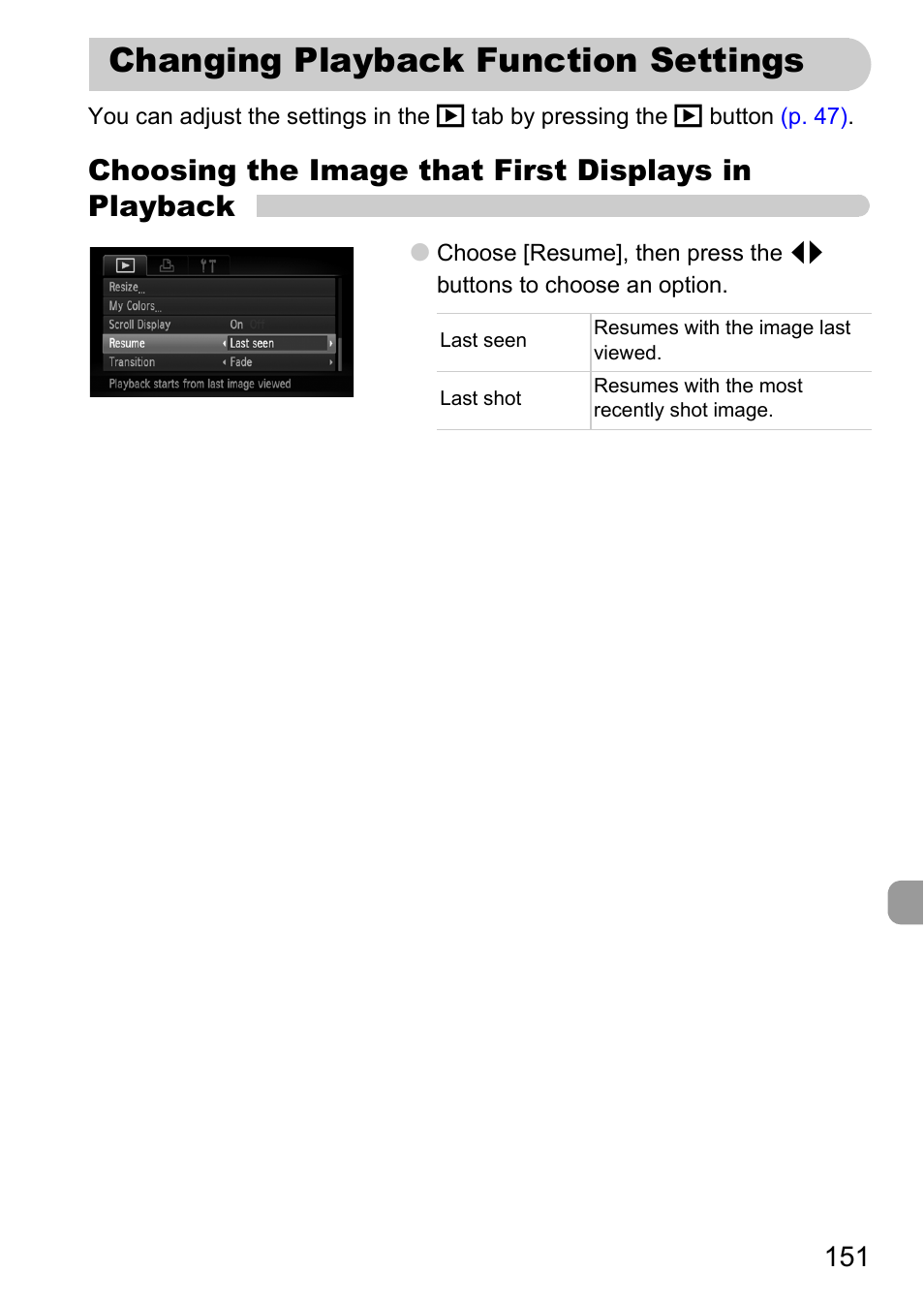 Changing playback function settings, Choosing the image that first displays in playback | Canon IXUS 1000 HS User Manual | Page 151 / 178