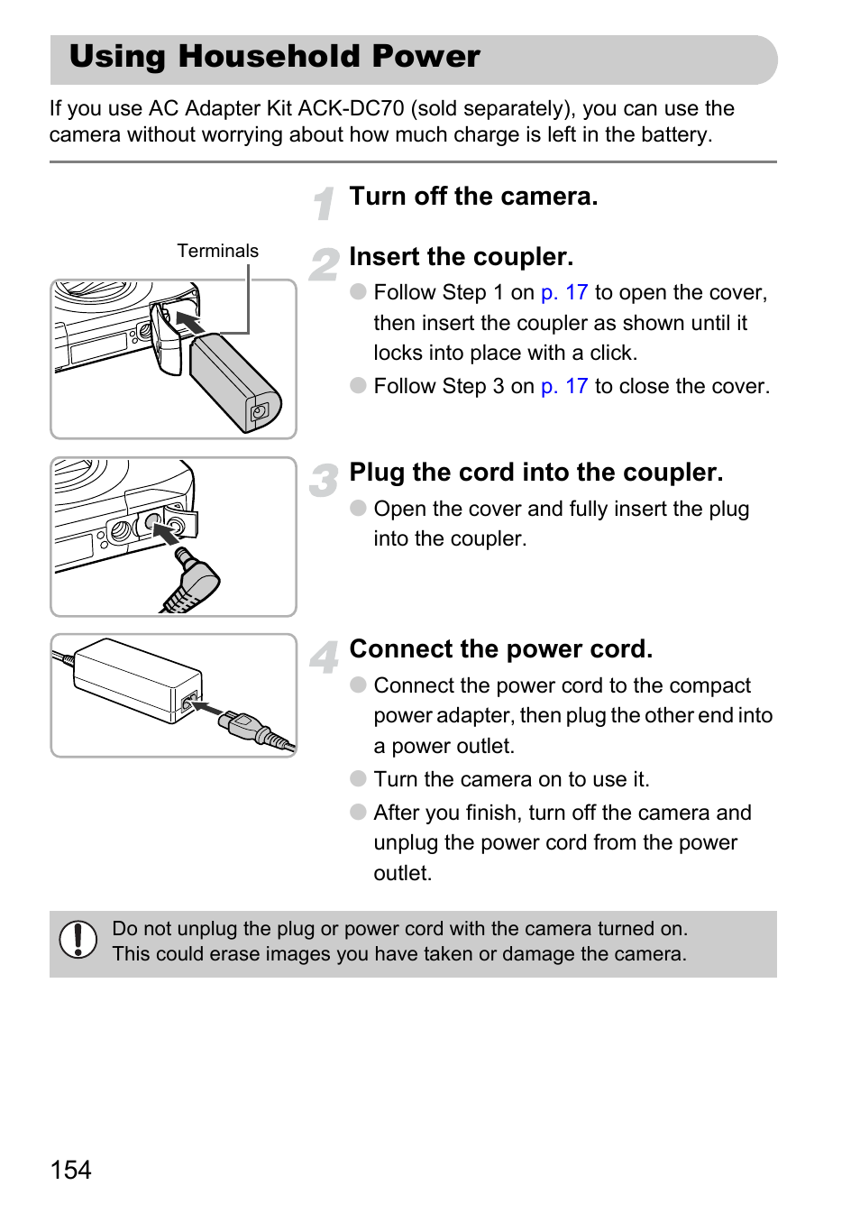 Using household power, P. 154), Turn off the camera. insert the coupler | Plug the cord into the coupler, Connect the power cord | Canon IXUS 1000 HS User Manual | Page 154 / 178