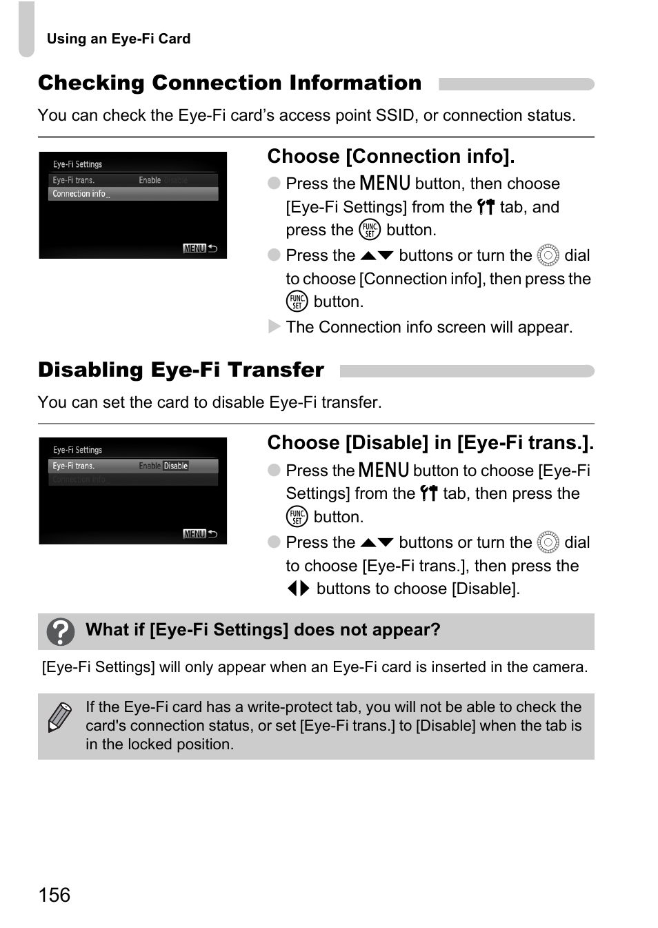 P. 156), Checking connection information, Disabling eye-fi transfer | Choose [connection info, Choose [disable] in [eye-fi trans | Canon IXUS 1000 HS User Manual | Page 156 / 178