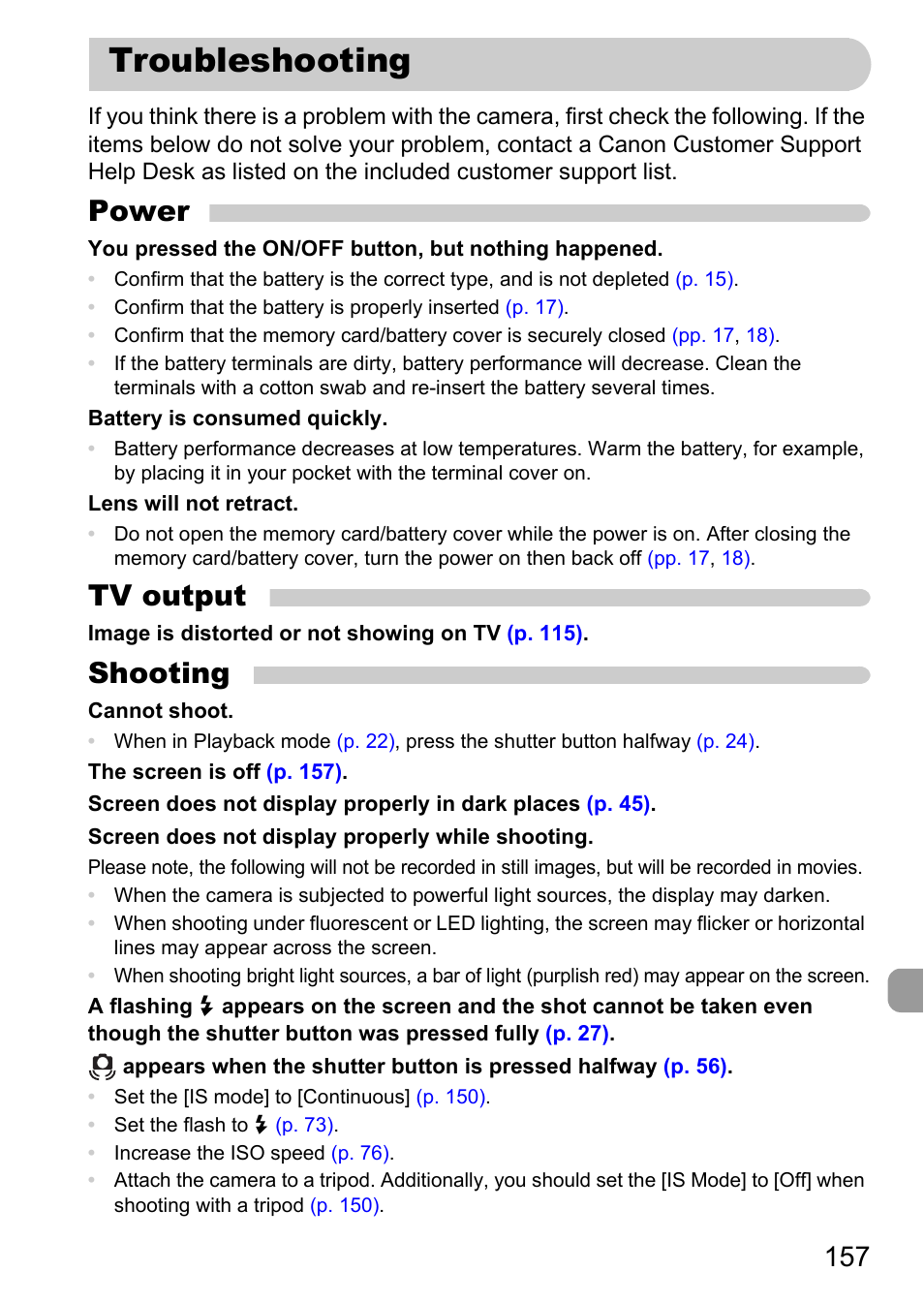 Troubleshooting, Power, Tv output | Shooting | Canon IXUS 1000 HS User Manual | Page 157 / 178