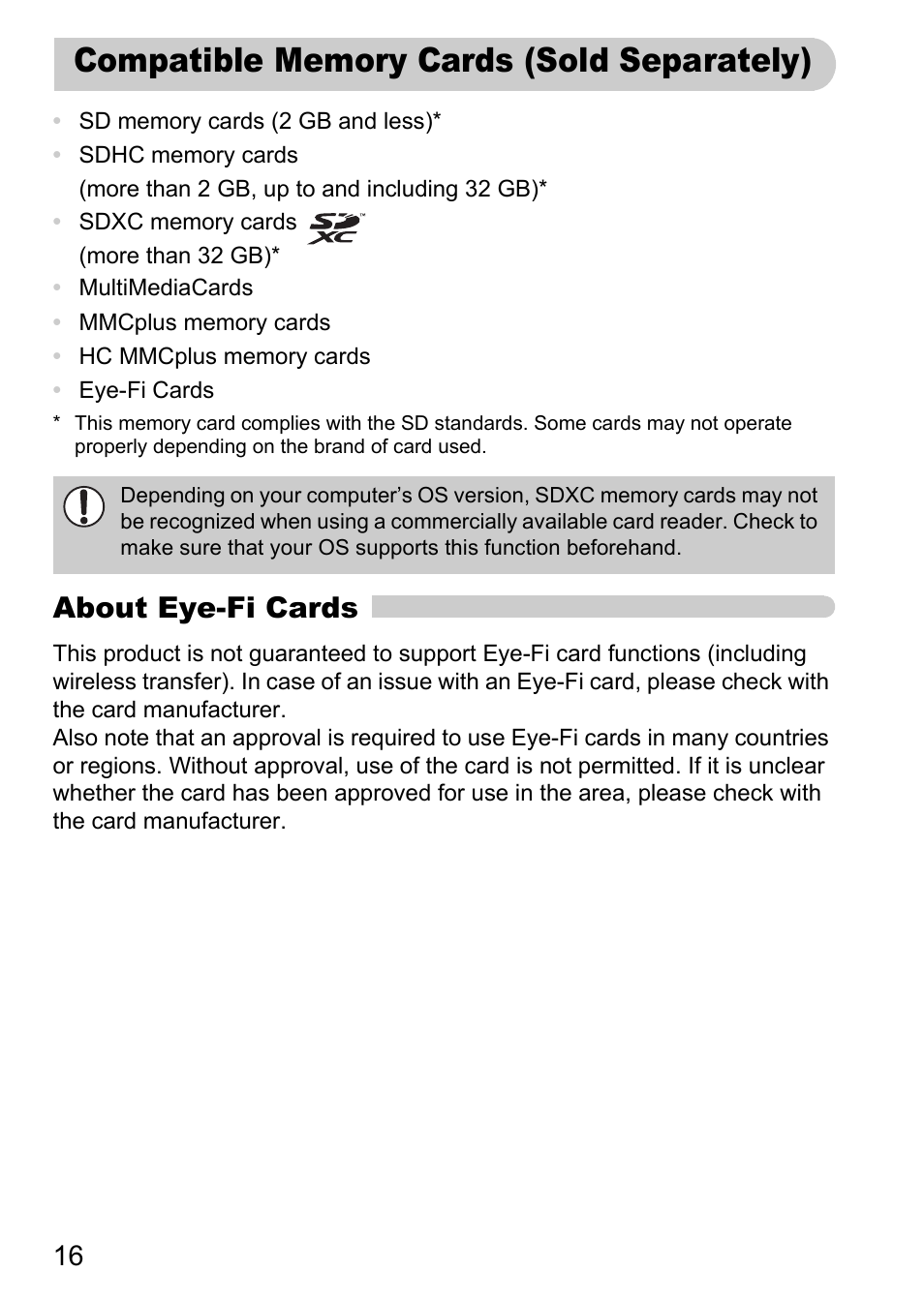 Compatible memory cards (sold separately), About eye-fi cards | Canon IXUS 1000 HS User Manual | Page 16 / 178