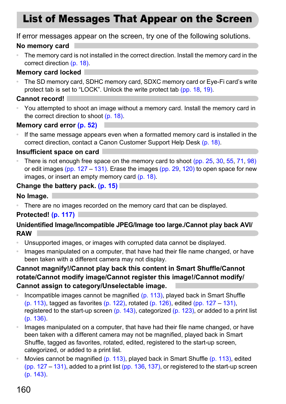 List of messages that appear on the screen | Canon IXUS 1000 HS User Manual | Page 160 / 178