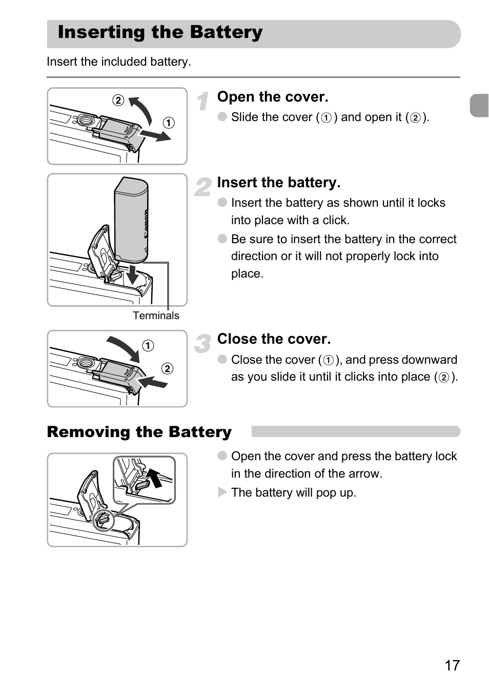 Inserting the battery, Removing the battery | Canon IXUS 1000 HS User Manual | Page 17 / 178