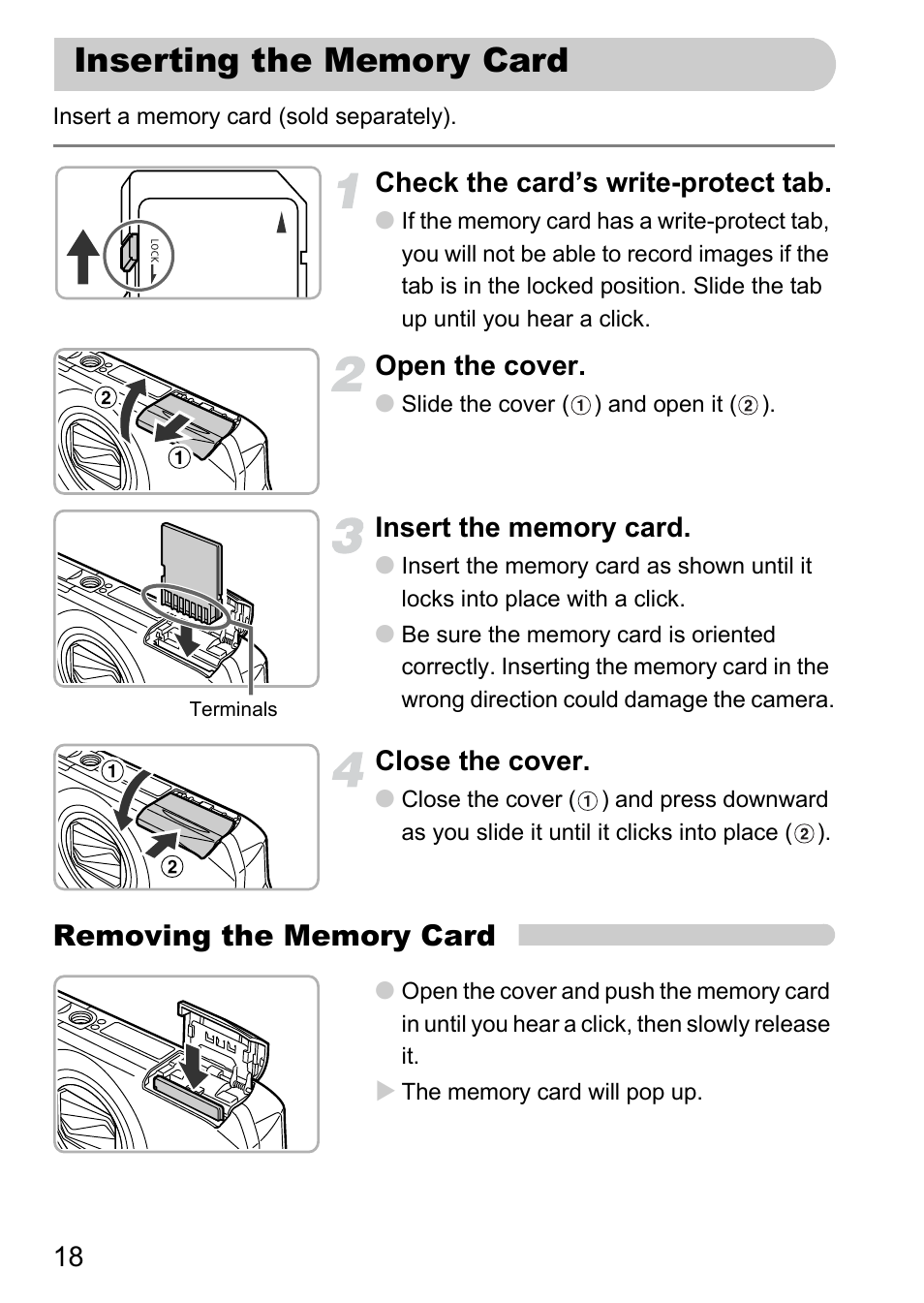 Inserting the memory card | Canon IXUS 1000 HS User Manual | Page 18 / 178