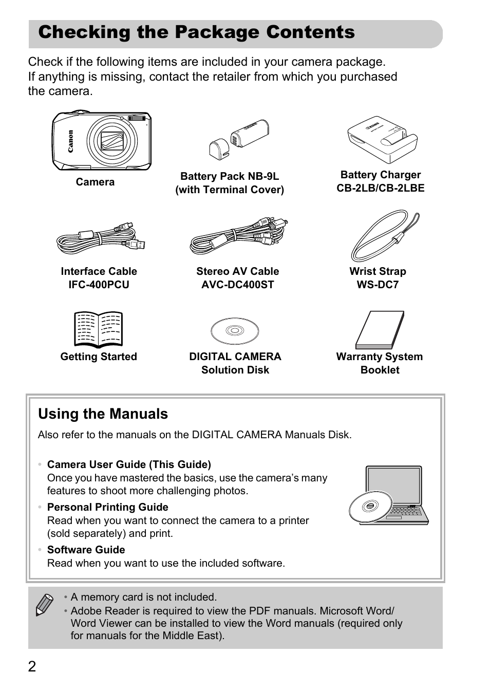 Checking the package contents, Using the manuals | Canon IXUS 1000 HS User Manual | Page 2 / 178