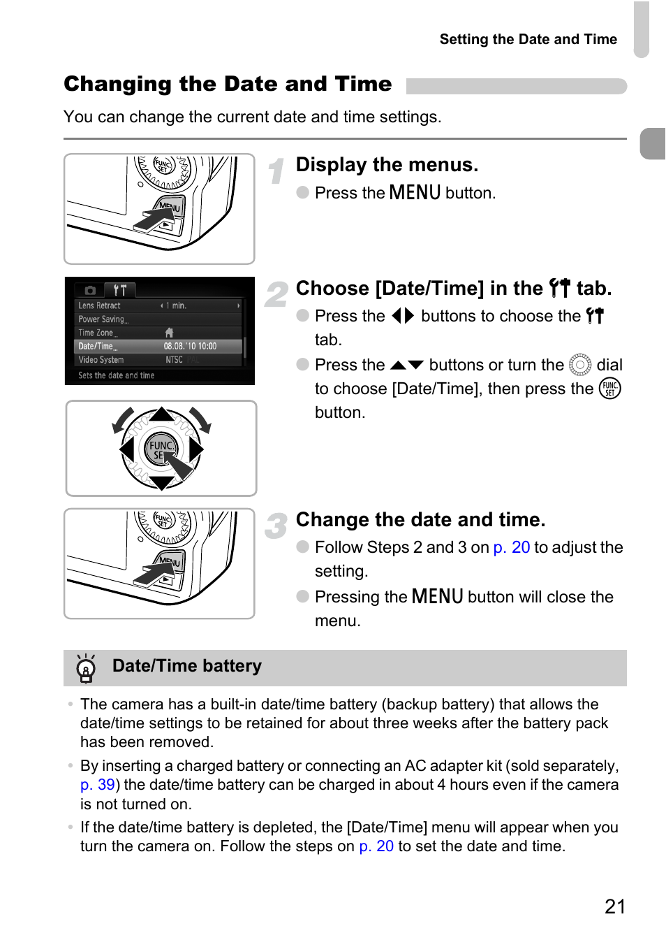 Changing the date and time, Display the menus, Choose [date/time] in the 3 tab | Change the date and time | Canon IXUS 1000 HS User Manual | Page 21 / 178