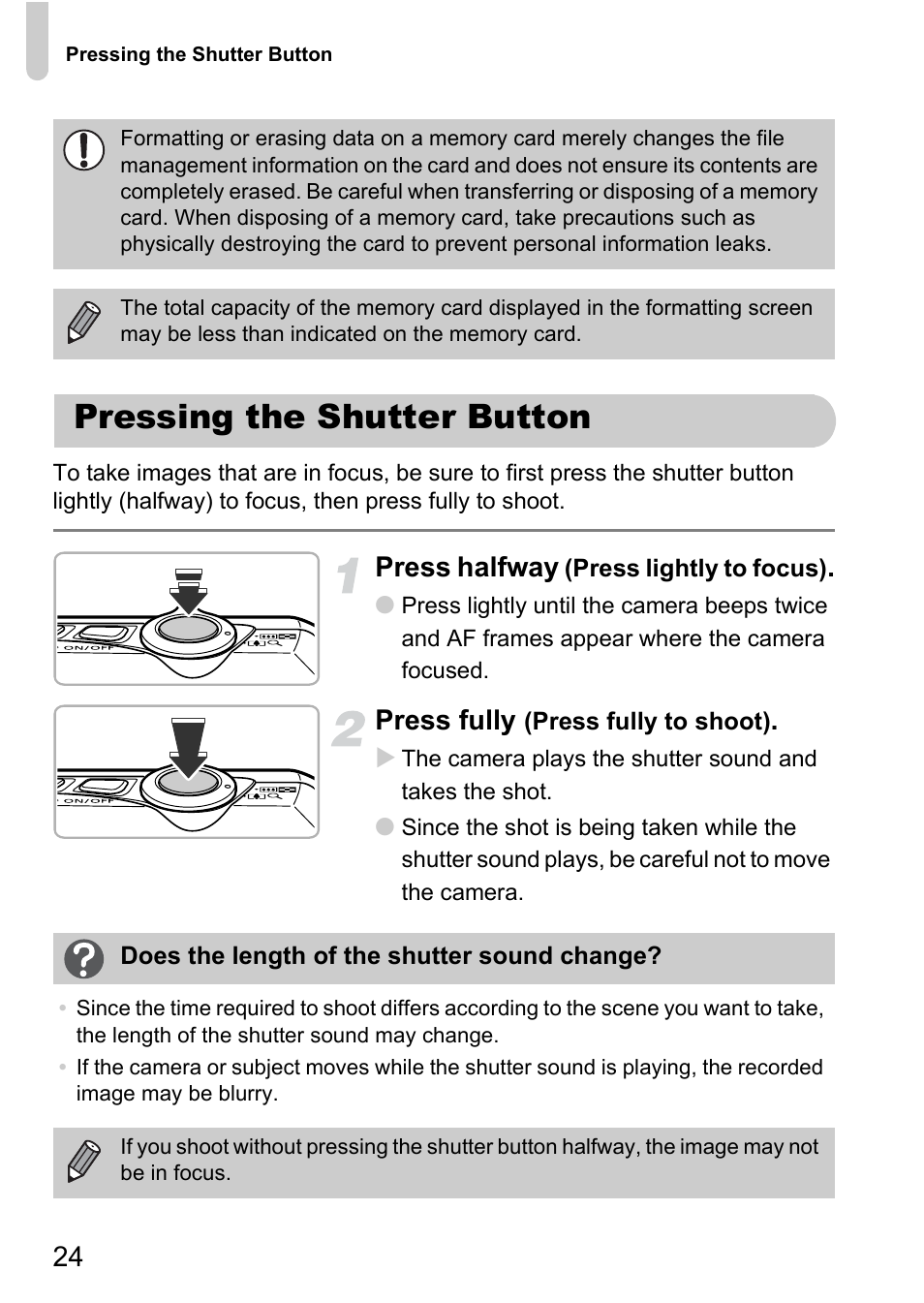 Pressing the shutter button, Press halfway, Press fully | Canon IXUS 1000 HS User Manual | Page 24 / 178