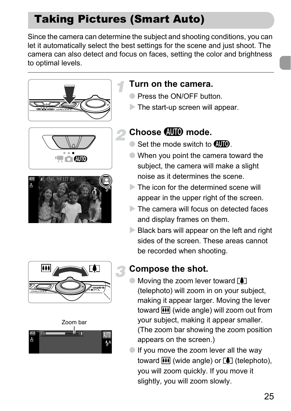 Taking pictures (smart auto), Turn on the camera, Choose a mode | Compose the shot | Canon IXUS 1000 HS User Manual | Page 25 / 178