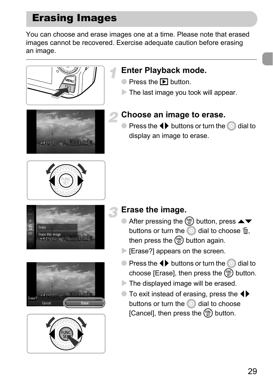 Erasing images, Enter playback mode, Choose an image to erase | Erase the image | Canon IXUS 1000 HS User Manual | Page 29 / 178