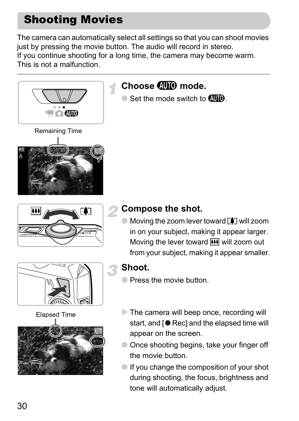 Shooting movies, Choose a mode, Compose the shot | Shoot | Canon IXUS 1000 HS User Manual | Page 30 / 178