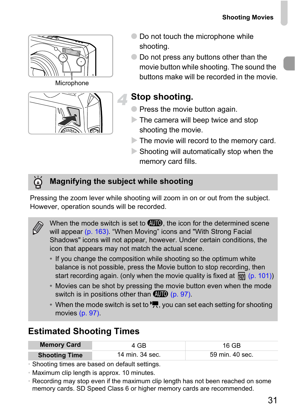 Stop shooting, Estimated shooting times | Canon IXUS 1000 HS User Manual | Page 31 / 178