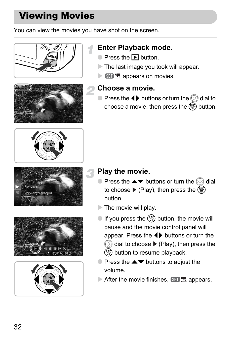 Viewing movies, Enter playback mode, Choose a movie | Play the movie | Canon IXUS 1000 HS User Manual | Page 32 / 178