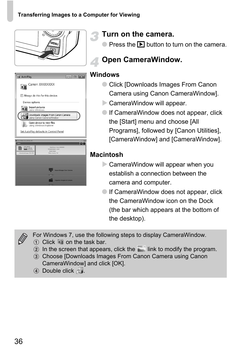 36 turn on the camera, Open camerawindow | Canon IXUS 1000 HS User Manual | Page 36 / 178