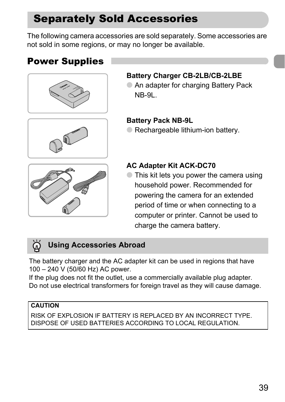 Separately sold accessories, P. 39, Power supplies | Canon IXUS 1000 HS User Manual | Page 39 / 178