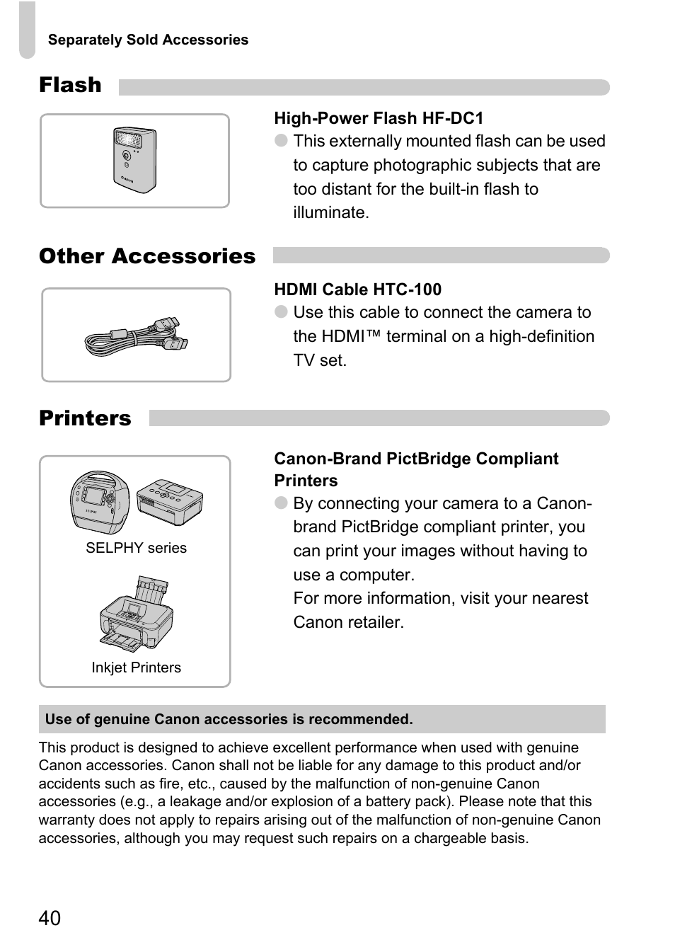 Flash, Other accessories, Printers | Canon IXUS 1000 HS User Manual | Page 40 / 178