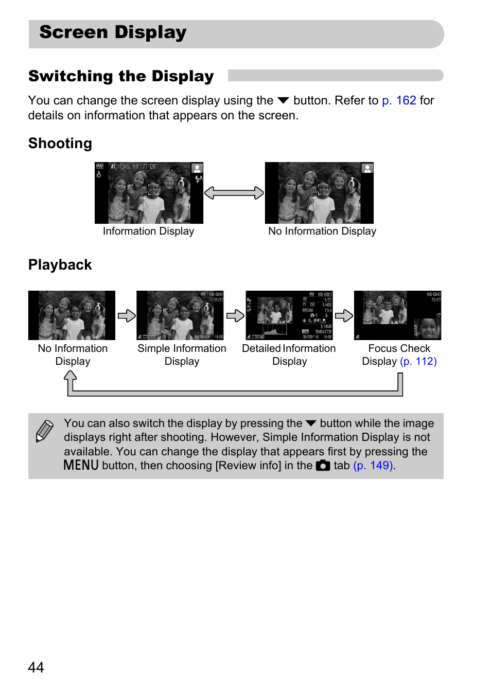 Screen display, Pp. 44, Lay) | P. 44), Switching the display, Shooting playback | Canon IXUS 1000 HS User Manual | Page 44 / 178