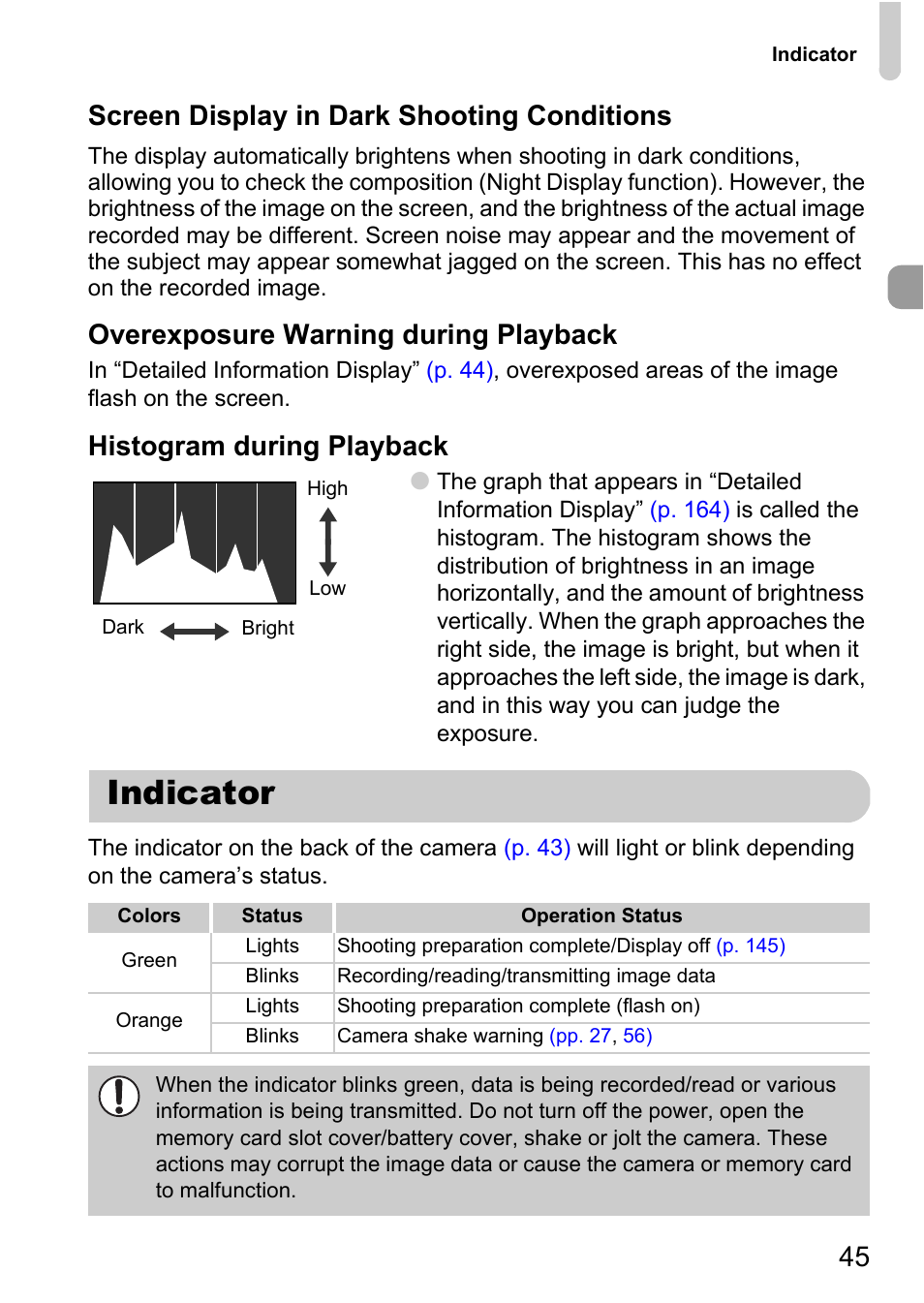 Indicator, P. 45), 45 screen display in dark shooting conditions | Overexposure warning during playback, Histogram during playback | Canon IXUS 1000 HS User Manual | Page 45 / 178