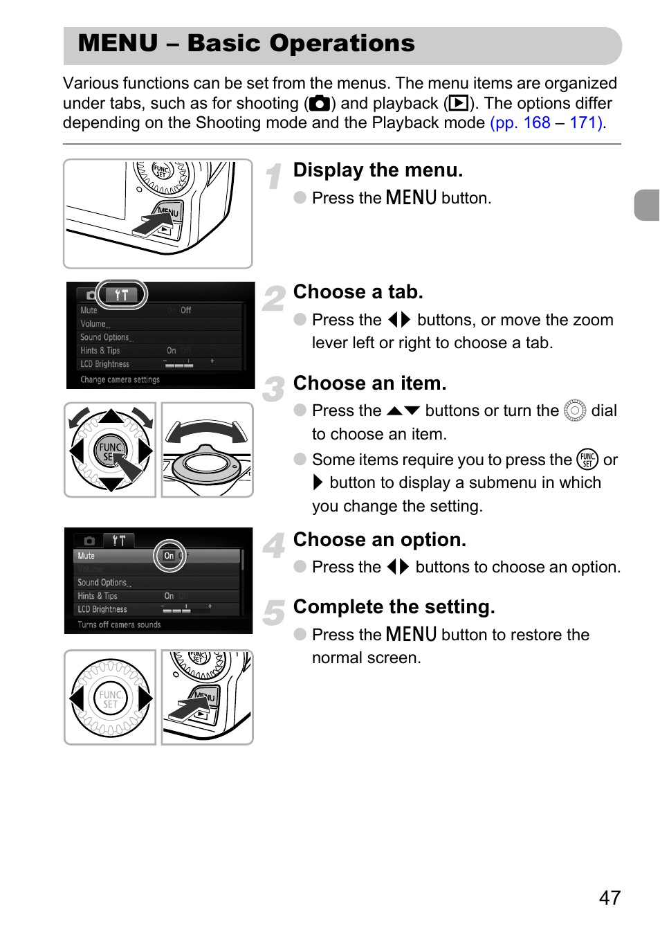 Menu - basic operations, Menu – basic operations, P. 47) | Display the menu, Choose a tab, Choose an item, Choose an option, Complete the setting | Canon IXUS 1000 HS User Manual | Page 47 / 178