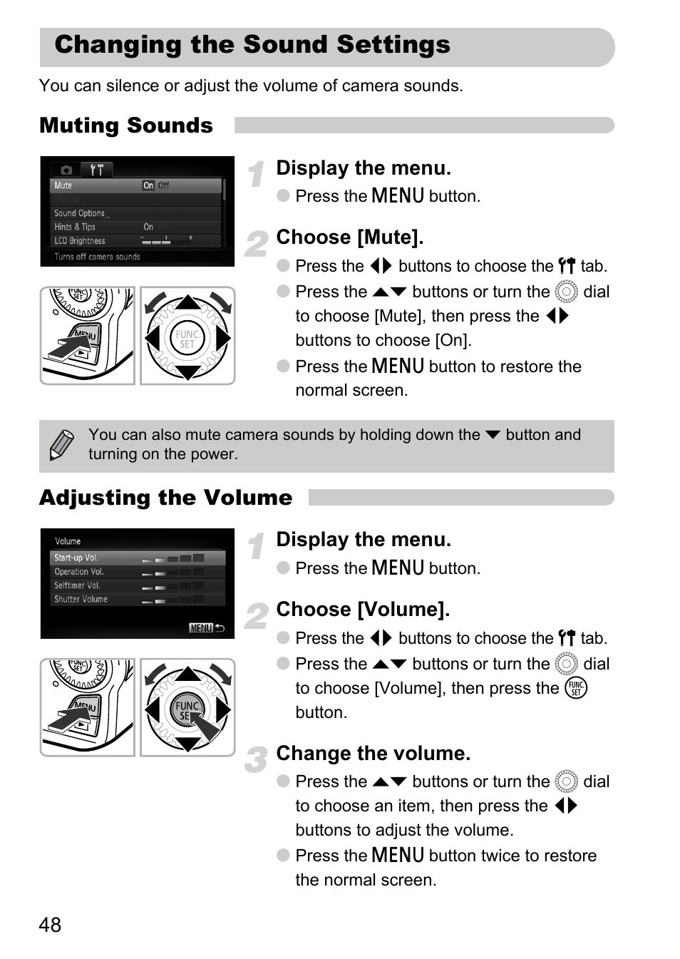 Changing the sound settings, Muting sounds, Adjusting the volume | Display the menu, Choose [mute, Choose [volume, Change the volume | Canon IXUS 1000 HS User Manual | Page 48 / 178