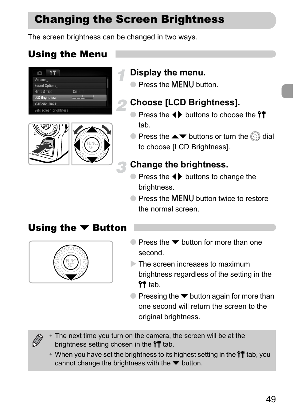 Changing the screen brightness, Using the menu, Using the p button | Display the menu, Choose [lcd brightness, Change the brightness | Canon IXUS 1000 HS User Manual | Page 49 / 178