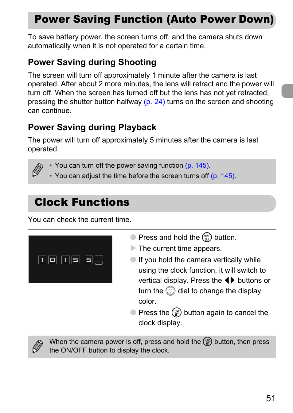 Power saving function (auto power down), Clock functions, Power saving during shooting | Power saving during playback | Canon IXUS 1000 HS User Manual | Page 51 / 178