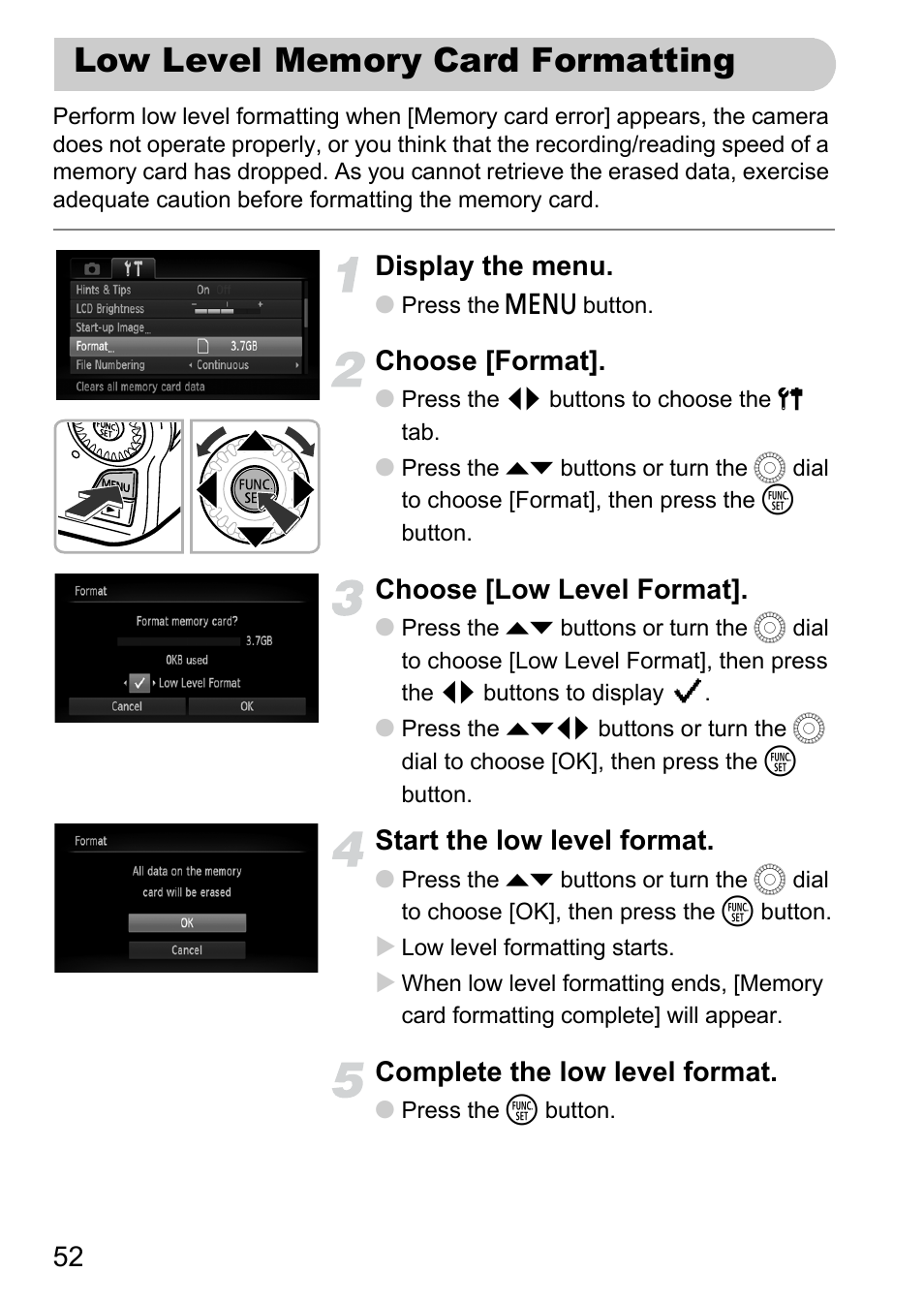 Low level memory card formatting, Display the menu, Choose [format | Choose [low level format, Start the low level format, Complete the low level format | Canon IXUS 1000 HS User Manual | Page 52 / 178