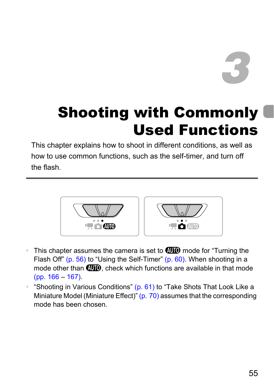 3 shooting with commonly used functions, 3 shooting with commonly, Used functions | Pp. 55, Shooting with commonly used functions | Canon IXUS 1000 HS User Manual | Page 55 / 178