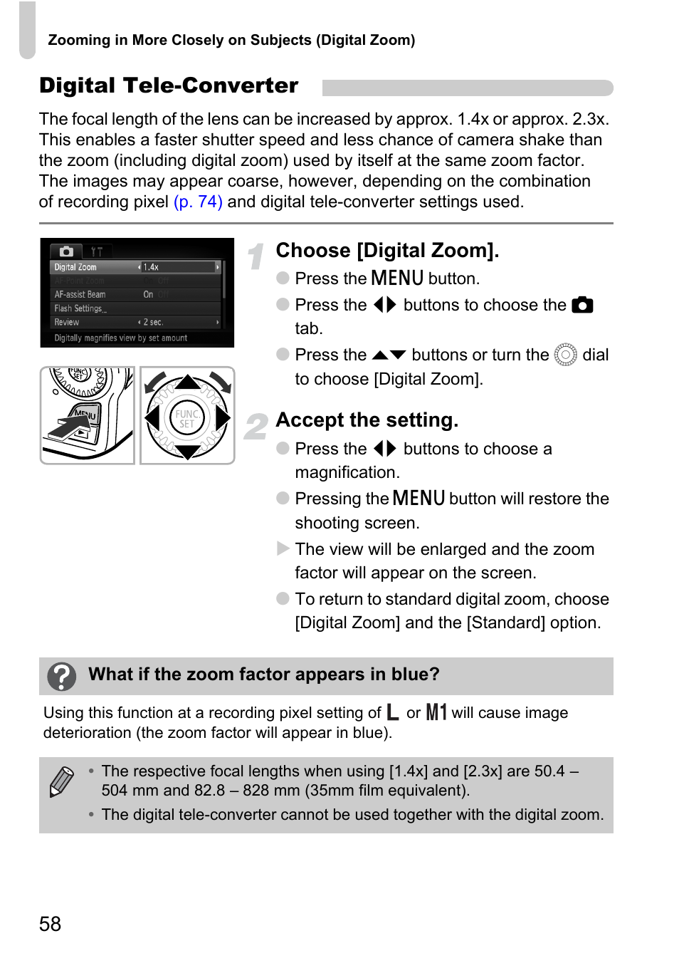 Digital tele-converter, Choose [digital zoom, Accept the setting | Canon IXUS 1000 HS User Manual | Page 58 / 178