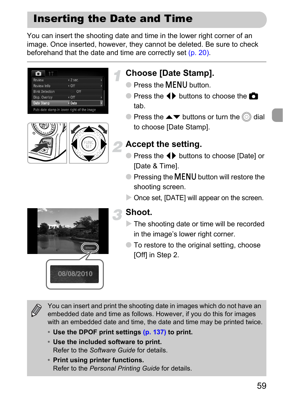 Inserting the date and time, Choose [date stamp, Accept the setting | Shoot | Canon IXUS 1000 HS User Manual | Page 59 / 178