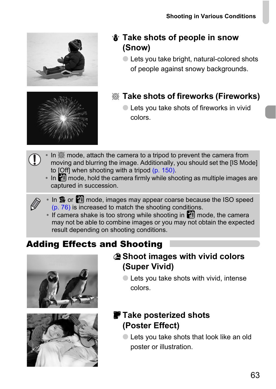 P. 63), Adding effects and shooting, Take shots of people in snow (snow) | Take shots of fireworks (fireworks), Shoot images with vivid colors (super vivid), Take posterized shots (poster effect) | Canon IXUS 1000 HS User Manual | Page 63 / 178