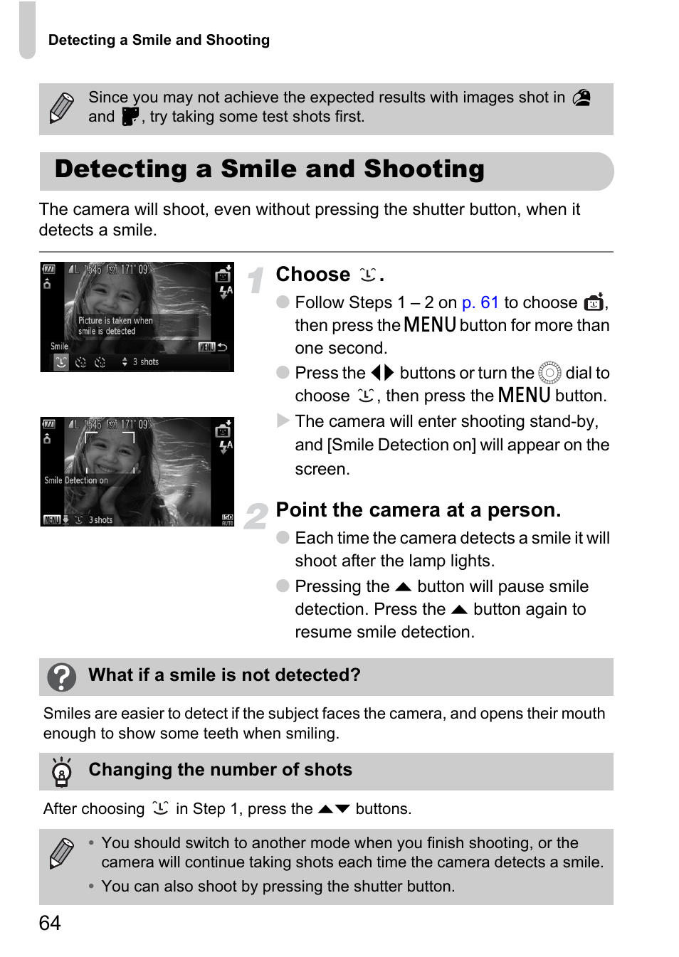 Detecting a smile and shooting, Choose, Point the camera at a person | Canon IXUS 1000 HS User Manual | Page 64 / 178