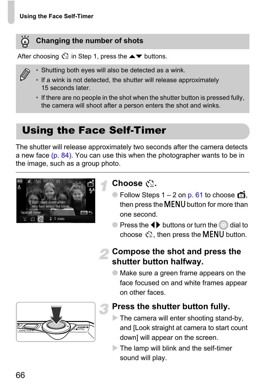 Using the face self-timer, Choose, Press the shutter button fully | Canon IXUS 1000 HS User Manual | Page 66 / 178